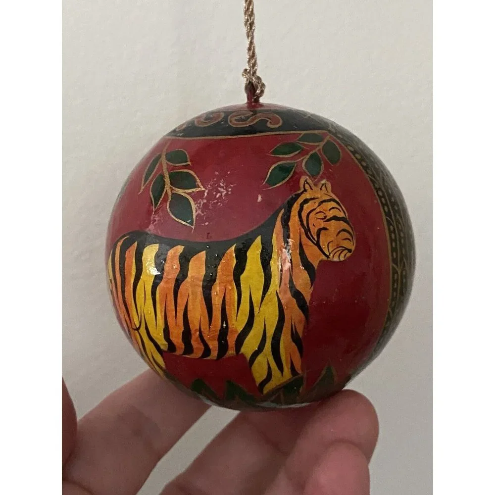 Paper Mache Hand Painted African Tiger Theme Christmas Tree Ornament Vintage EUC